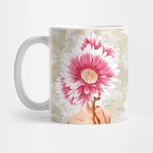 Girl with big gerberas on her head. Mug